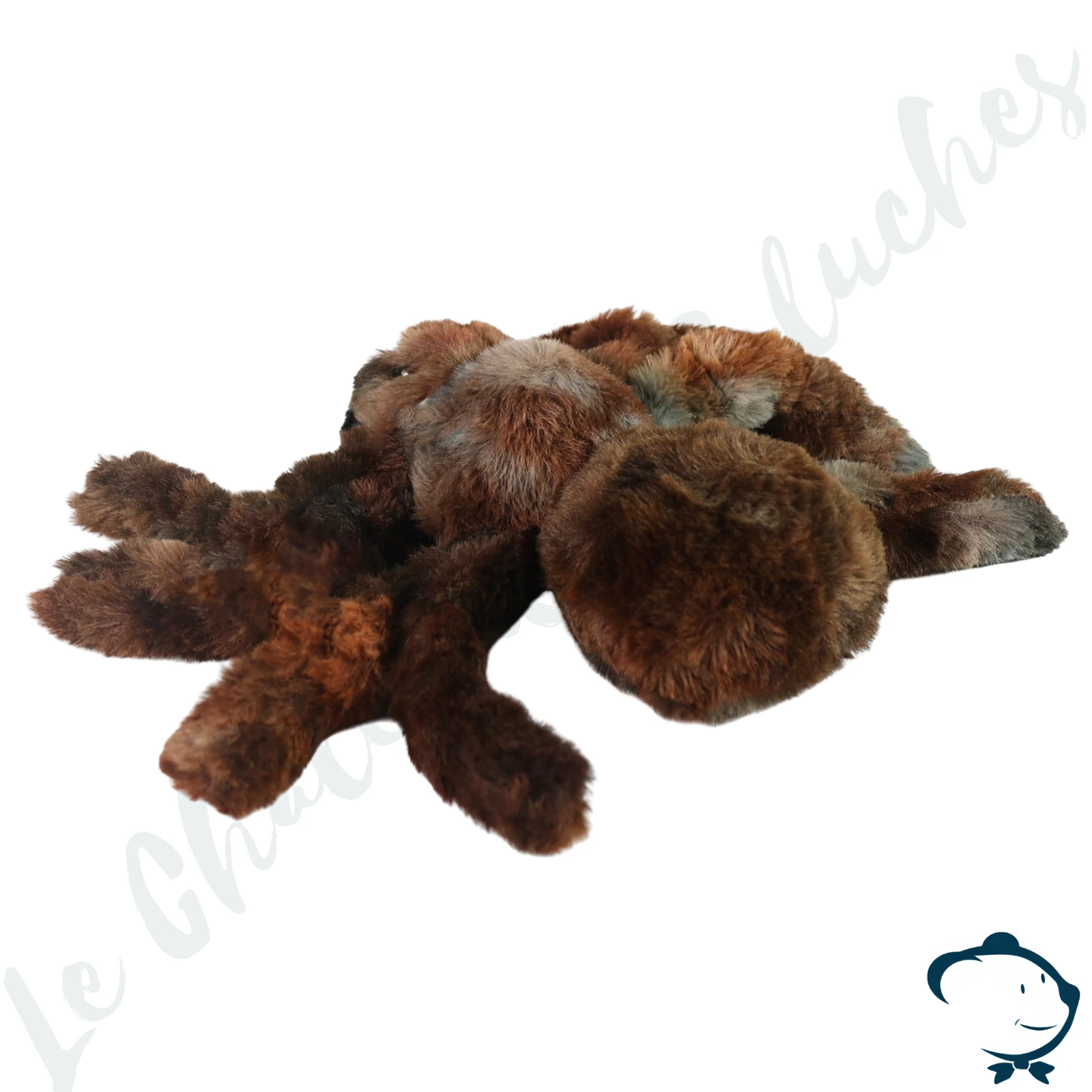 Peluche araignée Rappa de 20 cm, au pelage noir et marron.