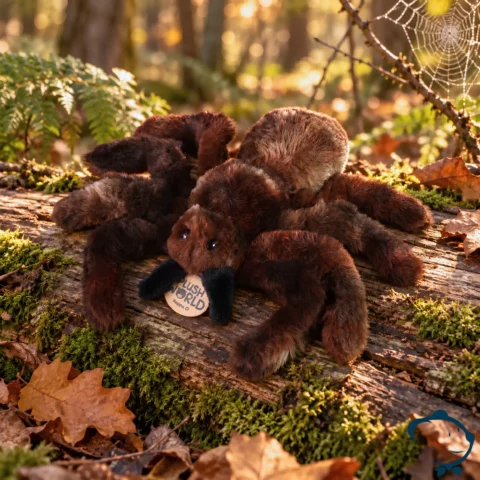 Peluche araignée Rappa de 20 cm, au pelage noir et marron.
