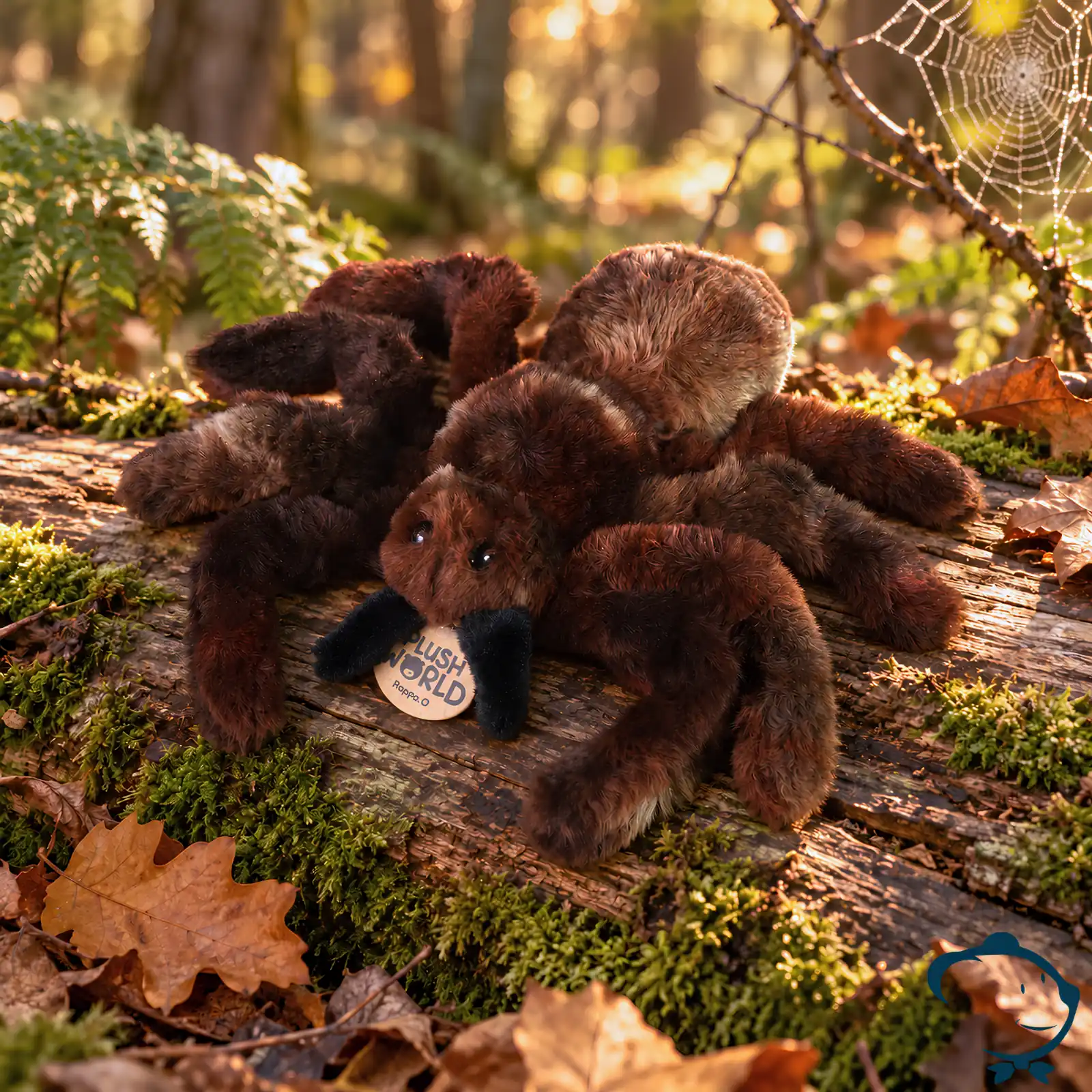 Peluche araignée Rappa de 20 cm, au pelage noir et marron.