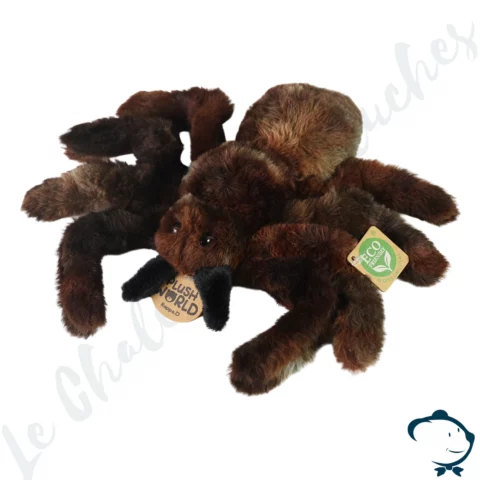 Peluche araignée Rappa de 20 cm, au pelage noir et marron.
