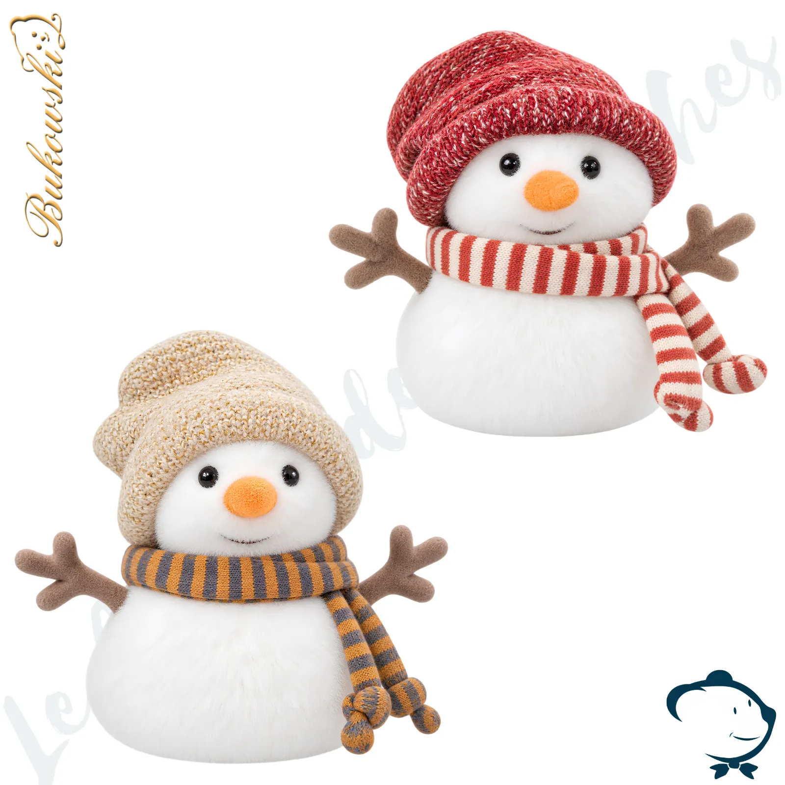 Peluche bonhomme de neige Jimmy the Little Snowman Bukowski 15 cm disponible avec bonnet écru ou rouge et écharpe assortie.