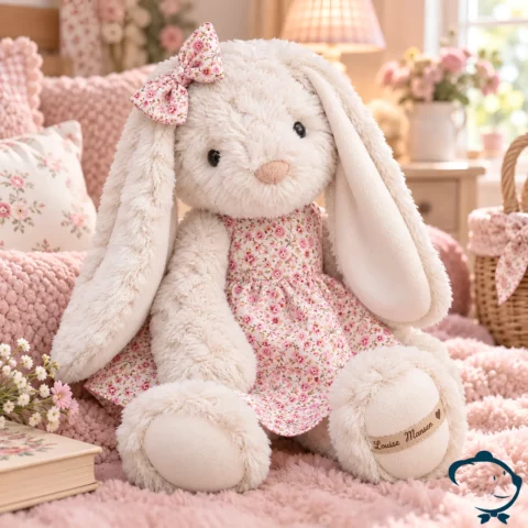 Gaya peluche lapine Louise Mansen 40 cm blanche avec robe rose fleurie