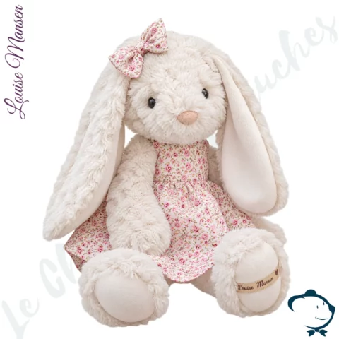 Gaya peluche lapine Louise Mansen 40 cm blanche avec robe rose fleurie