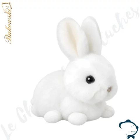 Peluche lapin Zeus Bukowski 15 cm au pelage blanc extrêmement doux avec longues oreilles dressées.