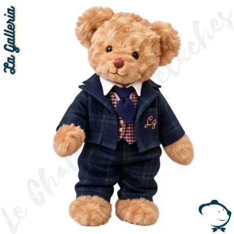 Andrew, ours en peluche La Galleria Signature British de 30 cm, vêtu d'un costume bleu marine, d'un gilet à motifs et d'une cravate assortie.