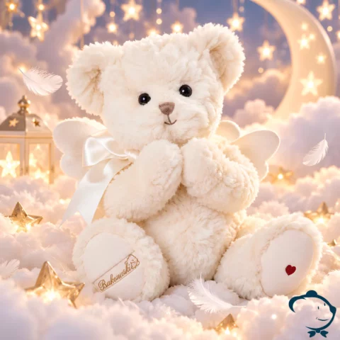 Peluche ours Janusz My Guardian Angel Bukowski 35 cm au pelage blanc, avec ailes d’ange, nœud en satin et cœur rouge brodé.