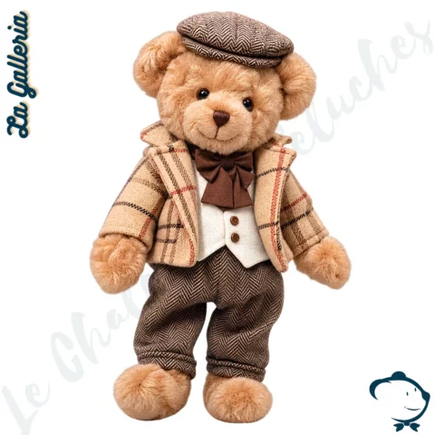 Edward, ours en peluche La Galleria de 30 cm, avec veste en velours beige, casquette rétro, pantalon à chevrons et jambes articulées.