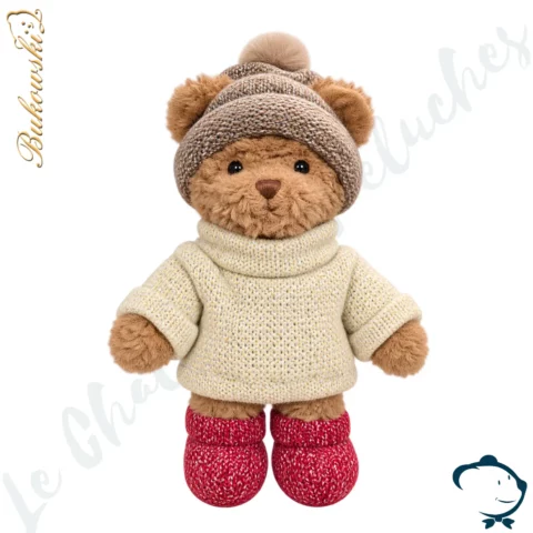 Peluche ours Robby Bukowski 25 cm avec pull rouge chiné, bonnet écru à pompon et bottines gris taupe.