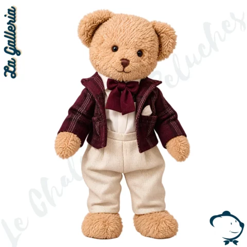 Sacha, ours en peluche La Galleria de 30 cm, avec veste bordeaux, nœud papillon assorti, gilet écru, pantalon beige et jambes articulées.