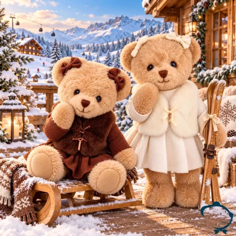 Aurore & Stella, oursonnes en peluche beige La Galleria, avec robe, gilet en fausse fourrure, nœuds assortis et jambes articulées.