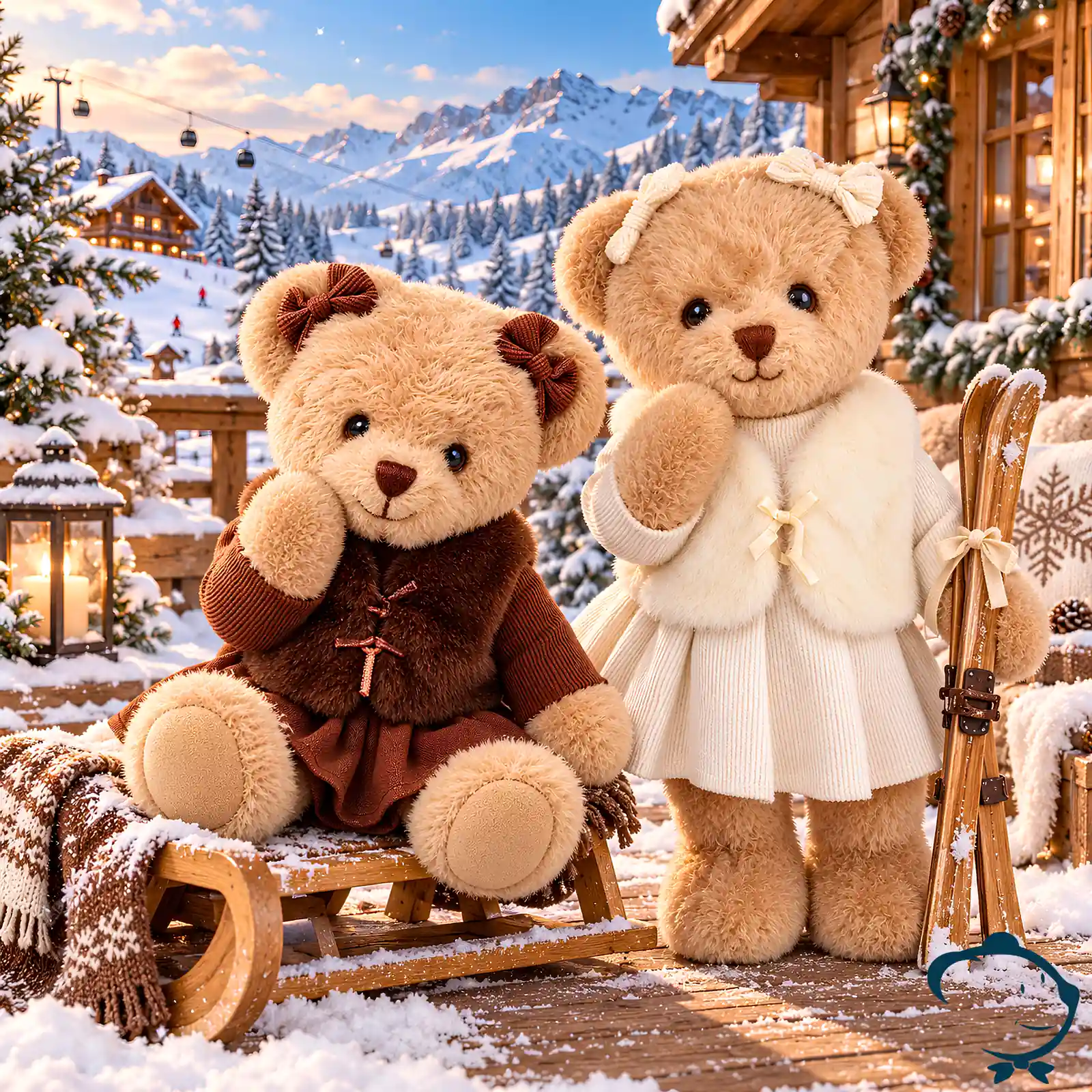 Aurore & Stella, oursonnes en peluche beige La Galleria, avec robe, gilet en fausse fourrure, nœuds assortis et jambes articulées.