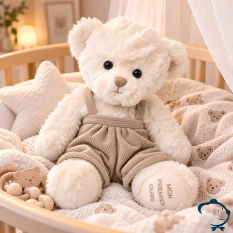 Peluche ours Wyatt Mon Premier Ours Bukowski 35 cm au pelage blanc avec salopette en velours côtelé taupe.