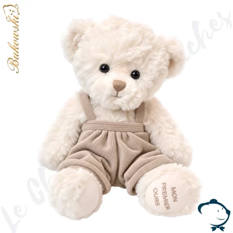 Peluche ours Wyatt Mon Premier Ours Bukowski 35 cm au pelage blanc avec salopette en velours côtelé taupe.